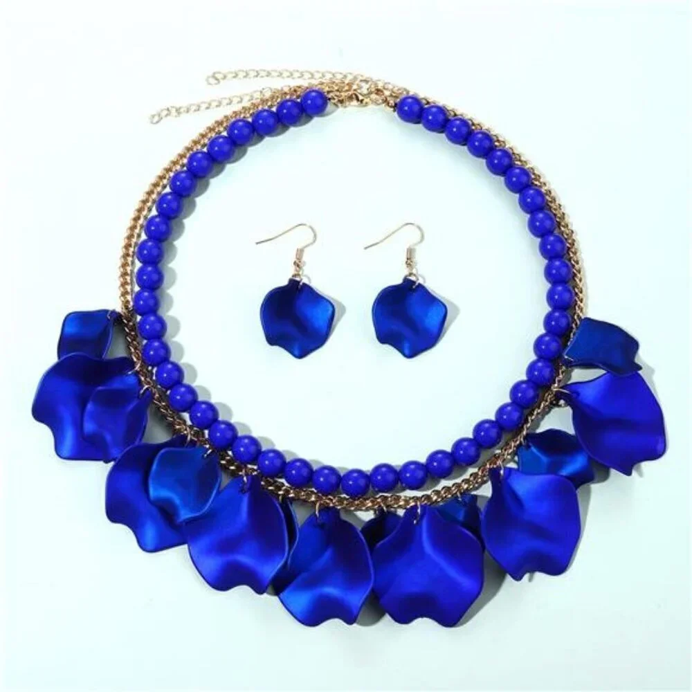 Blue Flower Petal Necklace Earrings Set Layered Statement Necklace Beaded